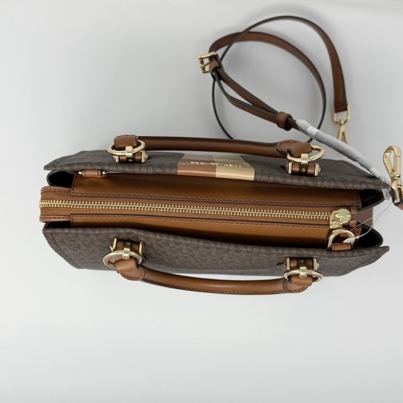 Michael Kors Marilyn Signature Medium Satchel Bag Brown Beige Stripe - Picture 7 of 10